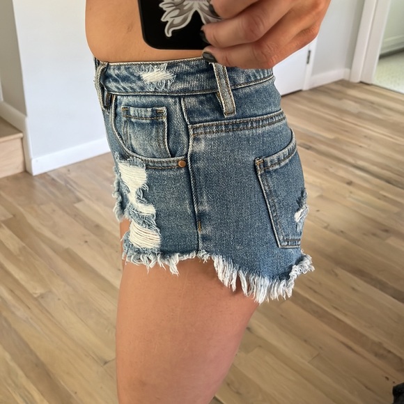 PacSun Ripped washed blue High Waisted Denim Festival Shorts. Note- size 22! - Picture 3 of 8